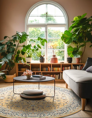 Beige 5' 1 x 5' 1 Narenj Round Area Rug 85% Polypropylene & 15% Polyester Traditional Classic Carpet for Living, Dining, Bedrooms, Office for Sale at Rug Engine