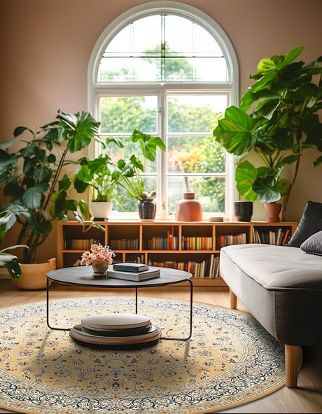 Beige 5' 1 x 5' 1 Narenj Round Area Rug 85% Polypropylene & 15% Polyester Traditional Classic Carpet for Living, Dining, Bedrooms, Office for Sale at Rug Engine