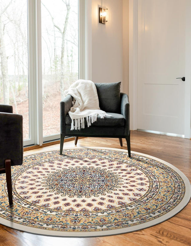 Ivory 5' 3 x 5' 3 Narenj Round Area Rug 85% Polypropylene & 15% Polyester Traditional Classic Carpet for Living, Dining, Bedrooms, Office for Sale at Rug Engine