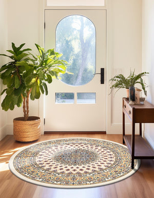 Ivory 5' 3 x 5' 3 Narenj Round Area Rug 85% Polypropylene & 15% Polyester Traditional Classic Carpet for Living, Dining, Bedrooms, Office for Sale at Rug Engine