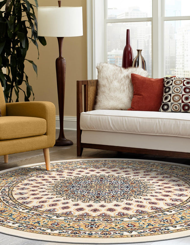 Ivory 5' 3 x 5' 3 Narenj Round Area Rug 85% Polypropylene & 15% Polyester Traditional Classic Carpet for Living, Dining, Bedrooms, Office for Sale at Rug Engine