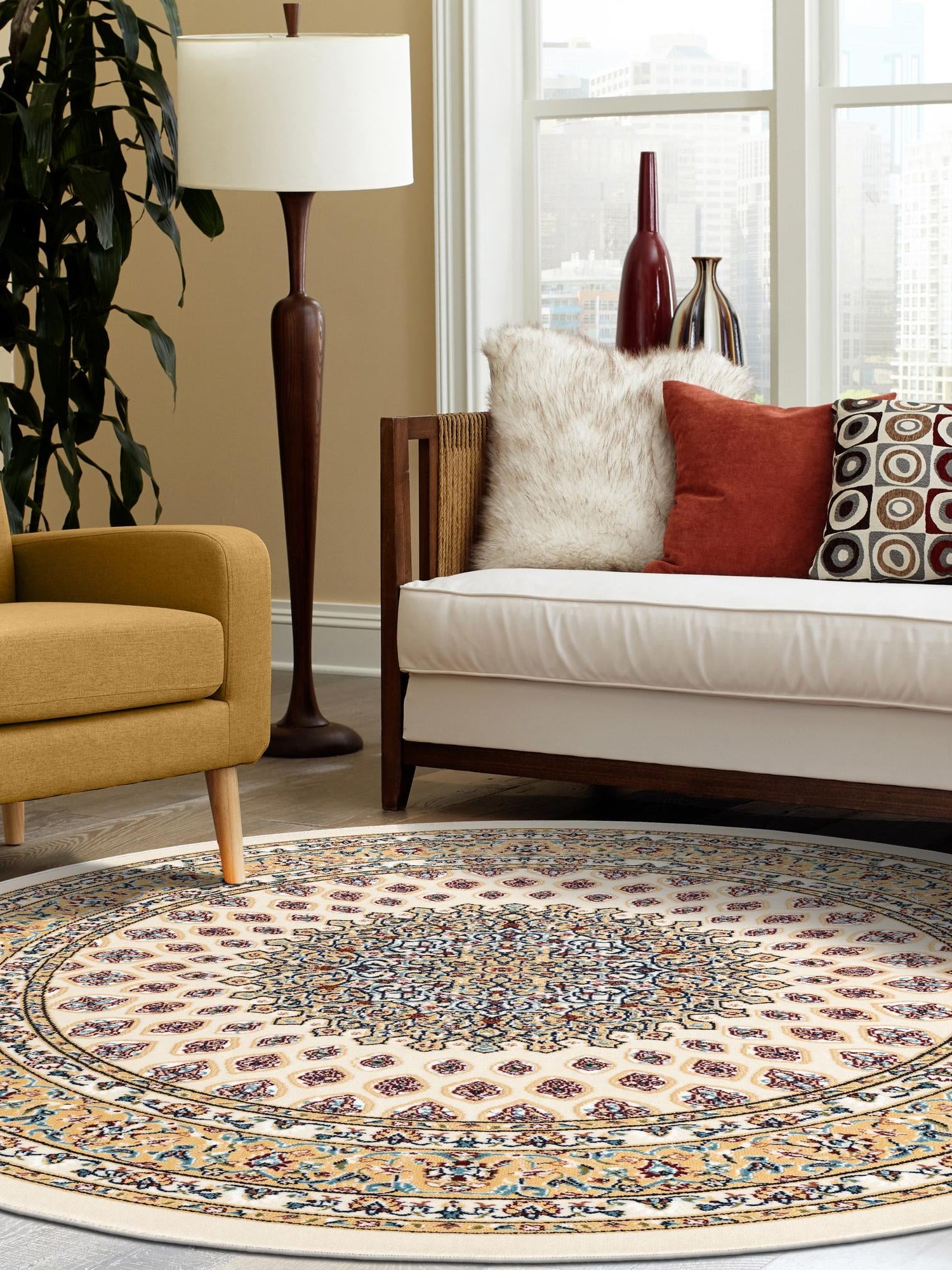 Ivory 10' x 10' Narenj Round Area Rug 85% Polypropylene & 15% Polyester Traditional Classic Carpet for Living, Dining, Bedrooms, Office for Sale at Rug Engine