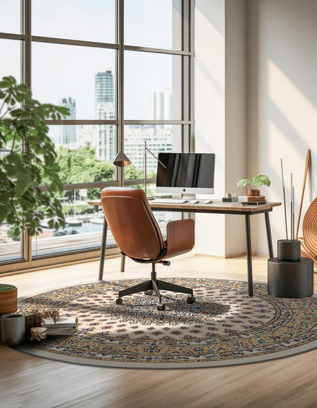 Ivory 5' 3 x 5' 3 Narenj Round Area Rug 85% Polypropylene & 15% Polyester Traditional Classic Carpet for Living, Dining, Bedrooms, Office for Sale at Rug Engine