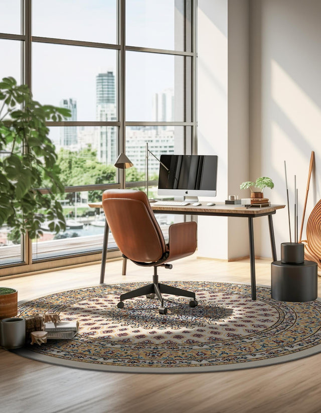 Ivory 5' 3 x 5' 3 Narenj Round Area Rug 85% Polypropylene & 15% Polyester Traditional Classic Carpet for Living, Dining, Bedrooms, Office for Sale at Rug Engine