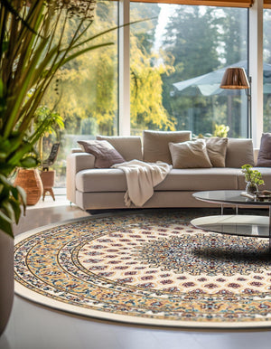 Ivory 5' 3 x 5' 3 Narenj Round Area Rug 85% Polypropylene & 15% Polyester Traditional Classic Carpet for Living, Dining, Bedrooms, Office for Sale at Rug Engine