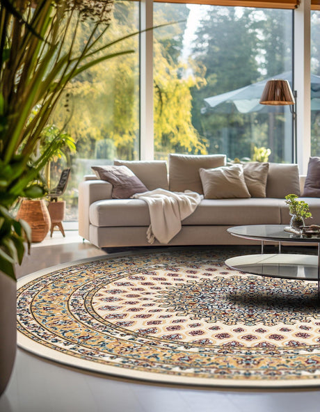 Ivory 5' 3 x 5' 3 Narenj Round Area Rug 85% Polypropylene & 15% Polyester Traditional Classic Carpet for Living, Dining, Bedrooms, Office for Sale at Rug Engine
