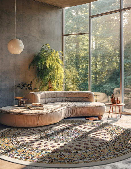 Ivory 5' 3 x 5' 3 Narenj Round Area Rug 85% Polypropylene & 15% Polyester Traditional Classic Carpet for Living, Dining, Bedrooms, Office for Sale at Rug Engine