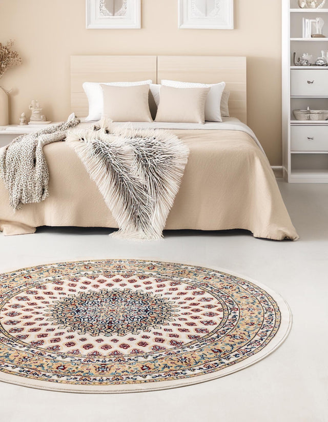 Ivory 5' 3 x 5' 3 Narenj Round Area Rug 85% Polypropylene & 15% Polyester Traditional Classic Carpet for Living, Dining, Bedrooms, Office for Sale at Rug Engine
