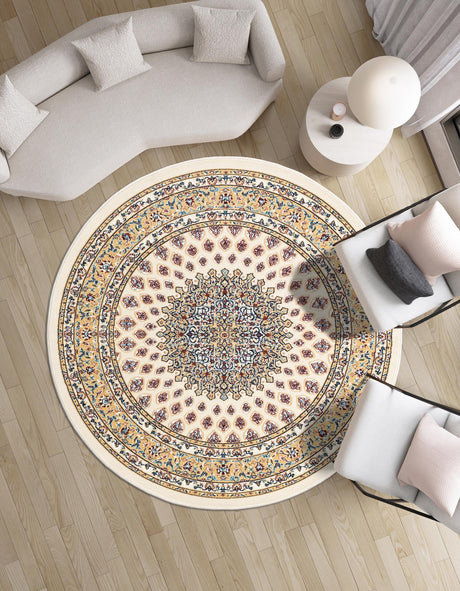 Ivory 5' 3 x 5' 3 Narenj Round Area Rug 85% Polypropylene & 15% Polyester Traditional Classic Carpet for Living, Dining, Bedrooms, Office for Sale at Rug Engine