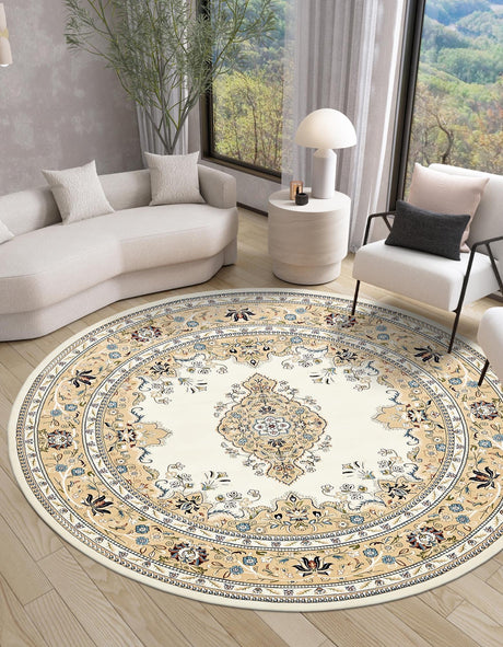 Cream 5' 3 x 5' 3 Narenj Round Area Rug 85% Polypropylene & 15% Polyester Traditional Classic Carpet for Living, Dining, Bedrooms, Office for Sale at Rug Engine