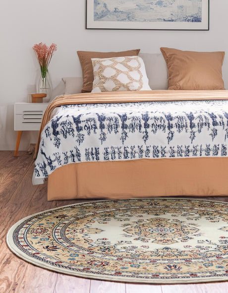 Cream 5' 3 x 5' 3 Narenj Round Area Rug 85% Polypropylene & 15% Polyester Traditional Classic Carpet for Living, Dining, Bedrooms, Office for Sale at Rug Engine