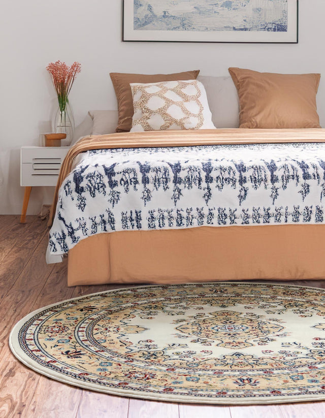 Cream 5' 3 x 5' 3 Narenj Round Area Rug 85% Polypropylene & 15% Polyester Traditional Classic Carpet for Living, Dining, Bedrooms, Office for Sale at Rug Engine