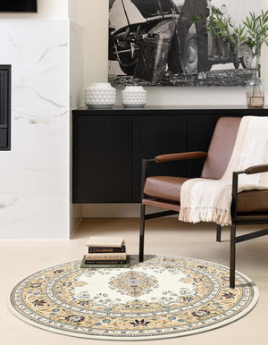 Cream 5' 3 x 5' 3 Narenj Round Area Rug 85% Polypropylene & 15% Polyester Traditional Classic Carpet for Living, Dining, Bedrooms, Office for Sale at Rug Engine