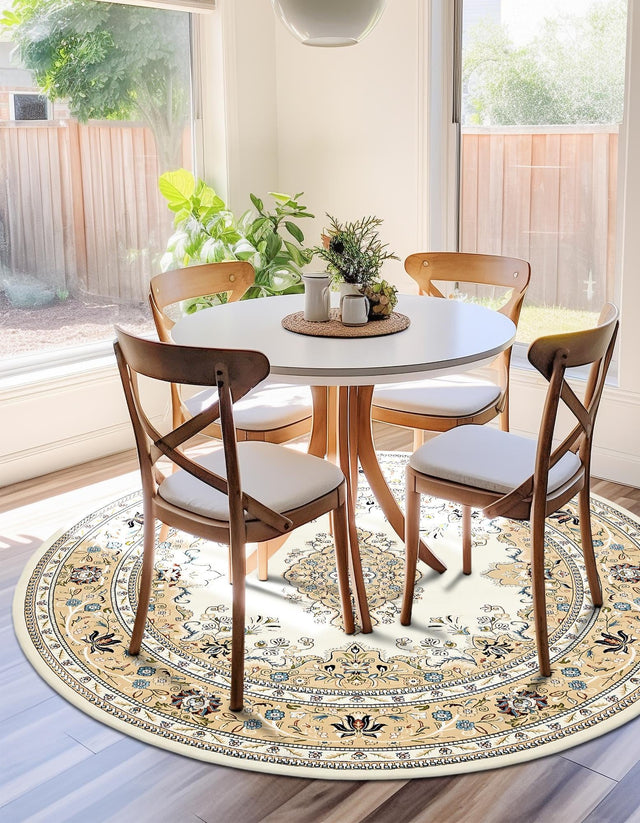 Cream 5' 3 x 5' 3 Narenj Round Area Rug 85% Polypropylene & 15% Polyester Traditional Classic Carpet for Living, Dining, Bedrooms, Office for Sale at Rug Engine