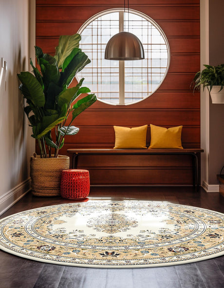 Cream 5' 3 x 5' 3 Narenj Round Area Rug 85% Polypropylene & 15% Polyester Traditional Classic Carpet for Living, Dining, Bedrooms, Office for Sale at Rug Engine
