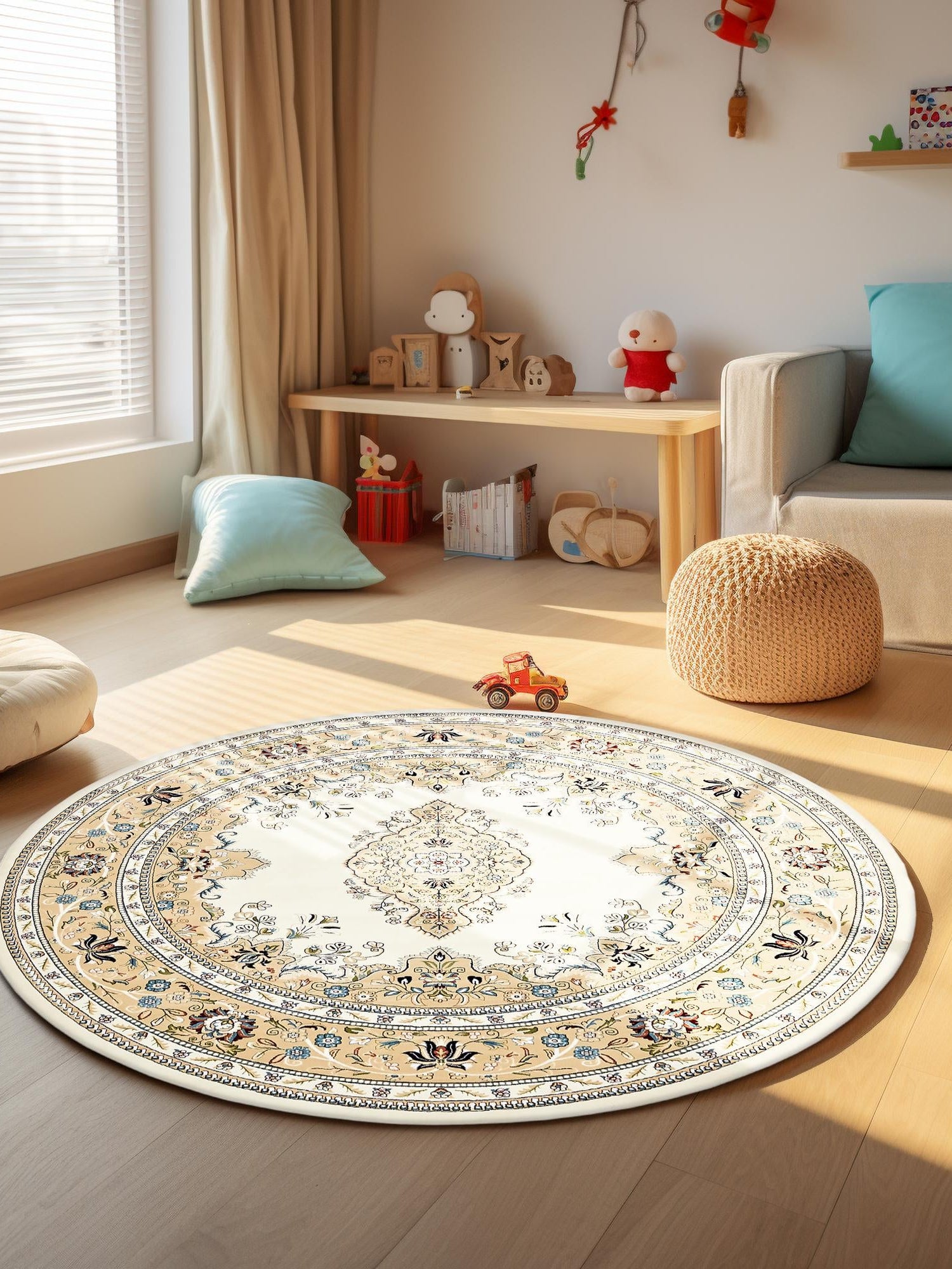 Cream 5' 3 x 5' 3 Narenj Round Area Rug 85% Polypropylene & 15% Polyester Traditional Classic Carpet for Living, Dining, Bedrooms, Office for Sale at Rug Engine