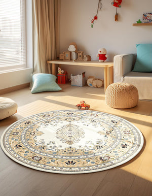 Cream 5' 3 x 5' 3 Narenj Round Area Rug 85% Polypropylene & 15% Polyester Traditional Classic Carpet for Living, Dining, Bedrooms, Office for Sale at Rug Engine