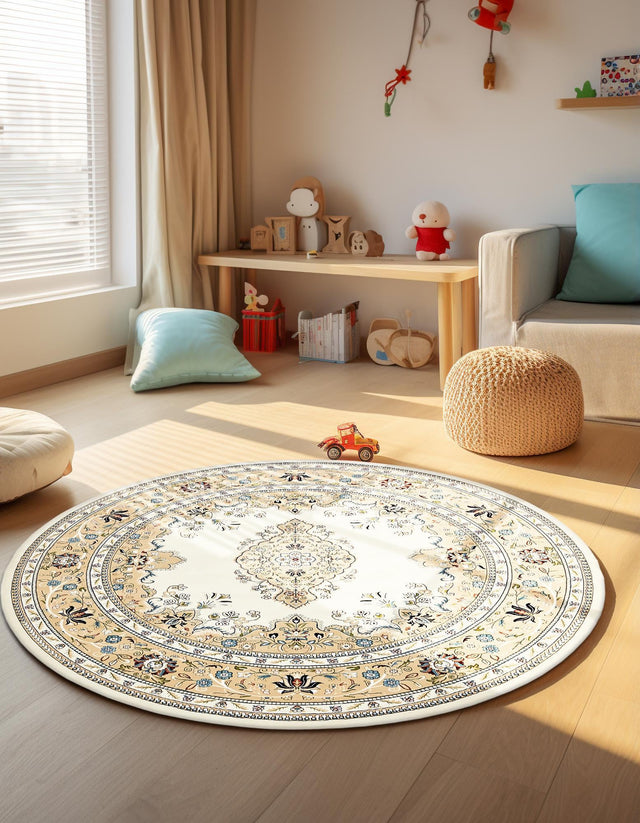 Cream 5' 3 x 5' 3 Narenj Round Area Rug 85% Polypropylene & 15% Polyester Traditional Classic Carpet for Living, Dining, Bedrooms, Office for Sale at Rug Engine