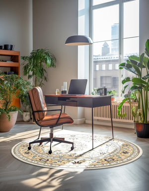 Cream 5' 3 x 5' 3 Narenj Round Area Rug 85% Polypropylene & 15% Polyester Traditional Classic Carpet for Living, Dining, Bedrooms, Office for Sale at Rug Engine