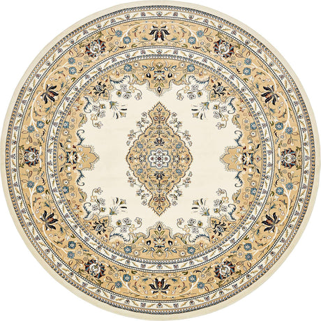 Cream 5' 3 x 5' 3 Narenj Round Area Rug 85% Polypropylene & 15% Polyester Traditional Classic Carpet for Living, Dining, Bedrooms, Office for Sale at Rug Engine