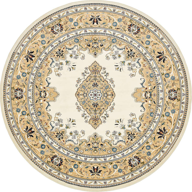 Cream 5' 3 x 5' 3 Narenj Round Area Rug 85% Polypropylene & 15% Polyester Traditional Classic Carpet for Living, Dining, Bedrooms, Office for Sale at Rug Engine