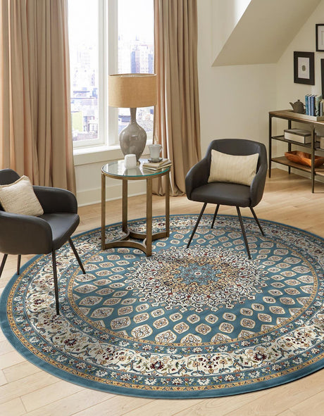 Blue 5' 3 x 5' 3 Narenj Round Area Rug 85% Polypropylene & 15% Polyester Traditional Classic Carpet for Living, Dining, Bedrooms, Office for Sale at Rug Engine