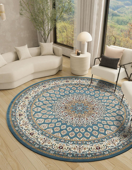 Blue 5' 3 x 5' 3 Narenj Round Area Rug 85% Polypropylene & 15% Polyester Traditional Classic Carpet for Living, Dining, Bedrooms, Office for Sale at Rug Engine
