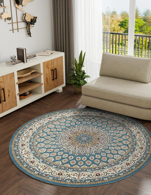 Blue 5' 3 x 5' 3 Narenj Round Area Rug 85% Polypropylene & 15% Polyester Traditional Classic Carpet for Living, Dining, Bedrooms, Office for Sale at Rug Engine