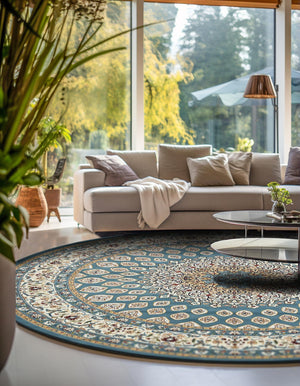 Blue 5' 3 x 5' 3 Narenj Round Area Rug 85% Polypropylene & 15% Polyester Traditional Classic Carpet for Living, Dining, Bedrooms, Office for Sale at Rug Engine