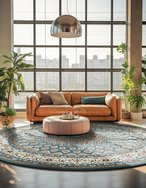 Blue 5' 3 x 5' 3 Narenj Round Area Rug 85% Polypropylene & 15% Polyester Traditional Classic Carpet for Living, Dining, Bedrooms, Office for Sale at Rug Engine