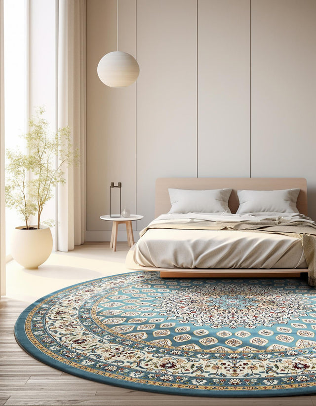 Blue 5' 3 x 5' 3 Narenj Round Area Rug 85% Polypropylene & 15% Polyester Traditional Classic Carpet for Living, Dining, Bedrooms, Office for Sale at Rug Engine