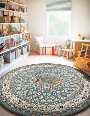 Blue 5' 3 x 5' 3 Narenj Round Area Rug 85% Polypropylene & 15% Polyester Traditional Classic Carpet for Living, Dining, Bedrooms, Office for Sale at Rug Engine