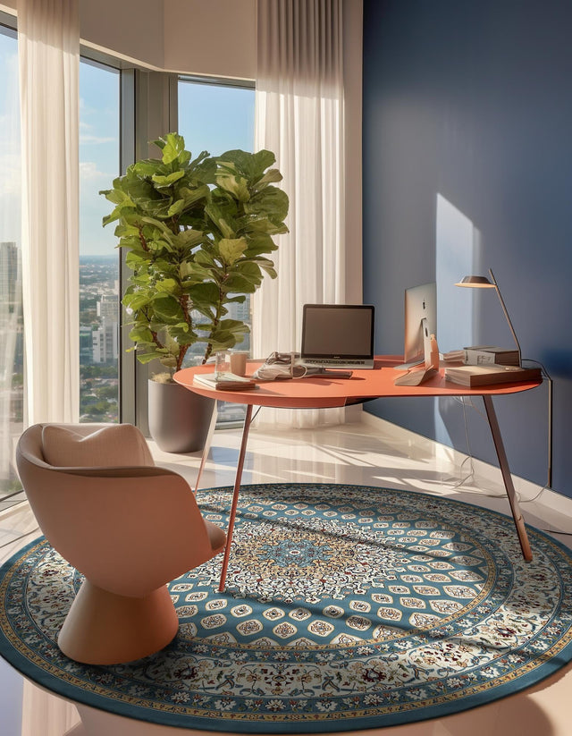 Blue 5' 3 x 5' 3 Narenj Round Area Rug 85% Polypropylene & 15% Polyester Traditional Classic Carpet for Living, Dining, Bedrooms, Office for Sale at Rug Engine