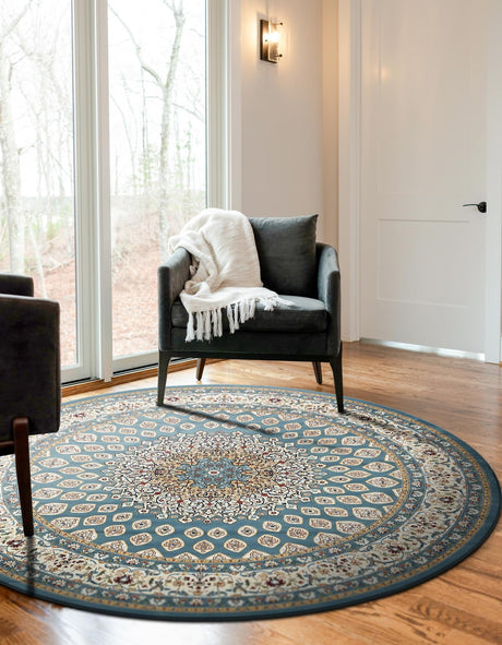 Blue 5' 3 x 5' 3 Narenj Round Area Rug 85% Polypropylene & 15% Polyester Traditional Classic Carpet for Living, Dining, Bedrooms, Office for Sale at Rug Engine