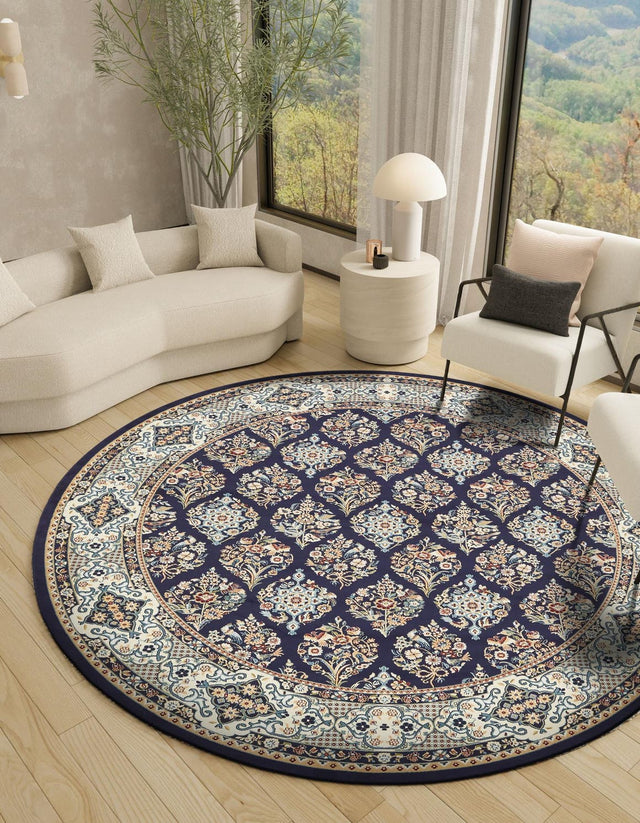 Navy Blue 5' 3 x 5' 3 Narenj Round Area Rug 85% Polypropylene & 15% Polyester Traditional Classic Carpet for Living, Dining, Bedrooms, Office for Sale at Rug Engine