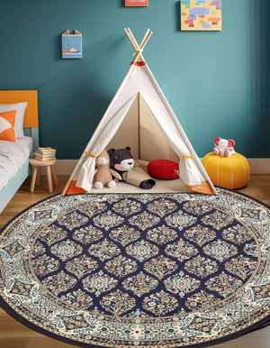Navy Blue 5' 3 x 5' 3 Narenj Round Area Rug 85% Polypropylene & 15% Polyester Traditional Classic Carpet for Living, Dining, Bedrooms, Office for Sale at Rug Engine
