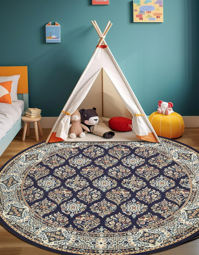 Navy Blue 5' 3 x 5' 3 Narenj Round Area Rug 85% Polypropylene & 15% Polyester Traditional Classic Carpet for Living, Dining, Bedrooms, Office for Sale at Rug Engine