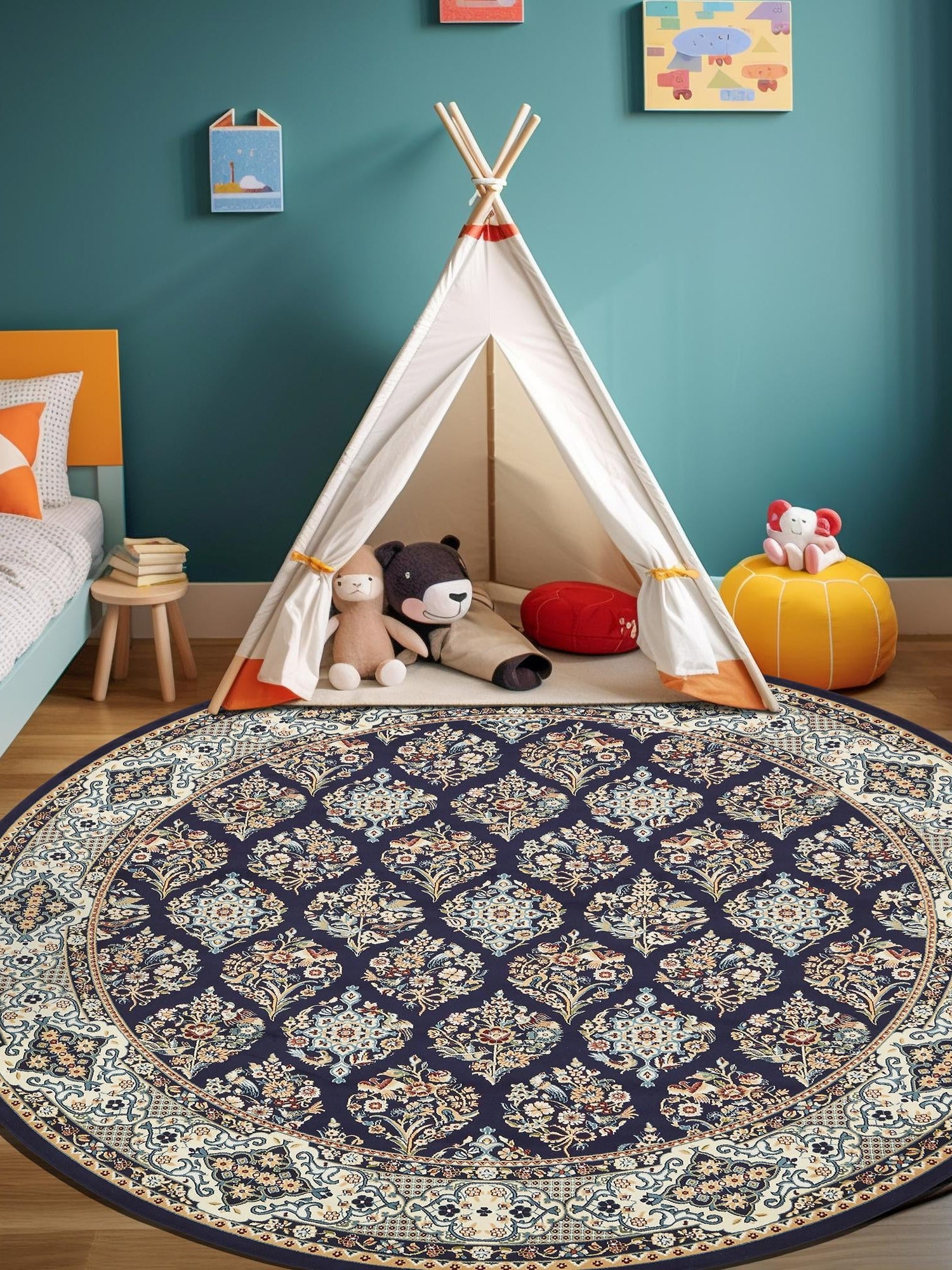 Navy Blue 10' x 10' Narenj Round Area Rug 85% Polypropylene & 15% Polyester Traditional Classic Carpet for Living, Dining, Bedrooms, Office for Sale at Rug Engine