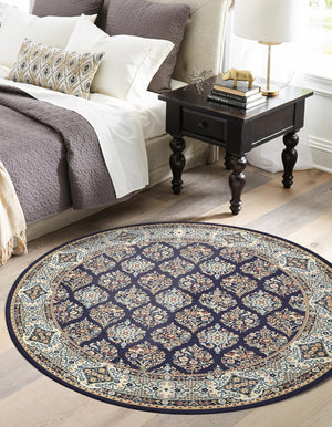 Navy Blue 5' 3 x 5' 3 Narenj Round Area Rug 85% Polypropylene & 15% Polyester Traditional Classic Carpet for Living, Dining, Bedrooms, Office for Sale at Rug Engine