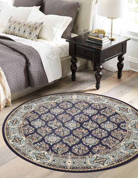 Navy Blue 5' 3 x 5' 3 Narenj Round Area Rug 85% Polypropylene & 15% Polyester Traditional Classic Carpet for Living, Dining, Bedrooms, Office for Sale at Rug Engine