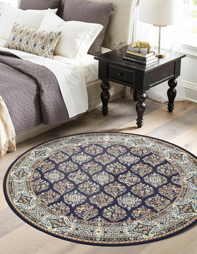 Navy Blue 5' 3 x 5' 3 Narenj Round Area Rug 85% Polypropylene & 15% Polyester Traditional Classic Carpet for Living, Dining, Bedrooms, Office for Sale at Rug Engine