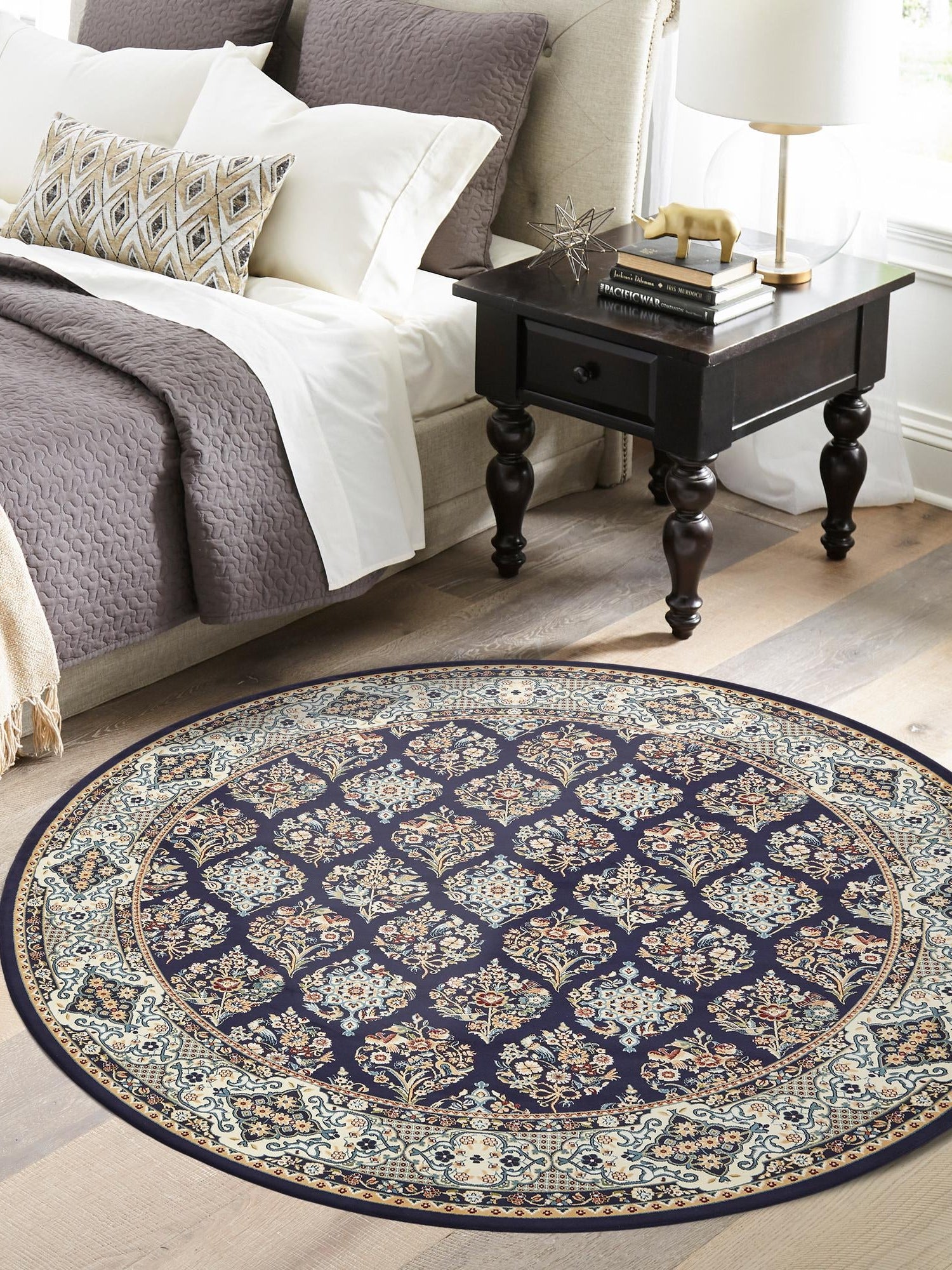 Navy Blue 10' x 10' Narenj Round Area Rug 85% Polypropylene & 15% Polyester Traditional Classic Carpet for Living, Dining, Bedrooms, Office for Sale at Rug Engine