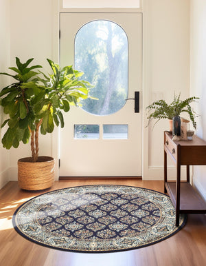 Navy Blue 5' 3 x 5' 3 Narenj Round Area Rug 85% Polypropylene & 15% Polyester Traditional Classic Carpet for Living, Dining, Bedrooms, Office for Sale at Rug Engine