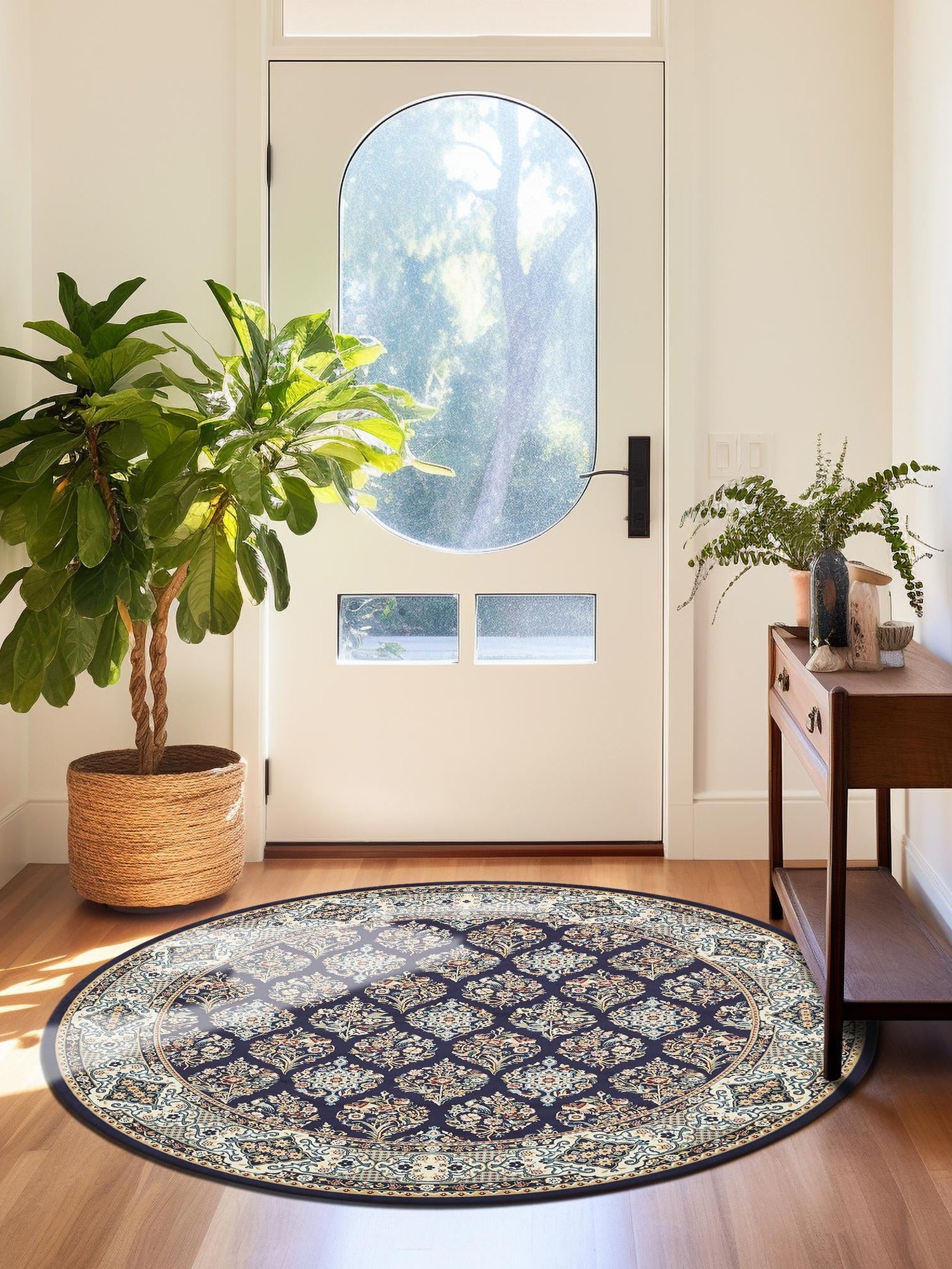 Navy Blue 10' x 10' Narenj Round Area Rug 85% Polypropylene & 15% Polyester Traditional Classic Carpet for Living, Dining, Bedrooms, Office for Sale at Rug Engine