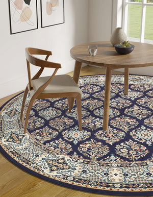 Navy Blue 5' 3 x 5' 3 Narenj Round Area Rug 85% Polypropylene & 15% Polyester Traditional Classic Carpet for Living, Dining, Bedrooms, Office for Sale at Rug Engine