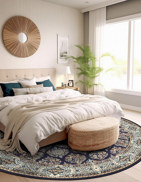 Navy Blue 5' 3 x 5' 3 Narenj Round Area Rug 85% Polypropylene & 15% Polyester Traditional Classic Carpet for Living, Dining, Bedrooms, Office for Sale at Rug Engine