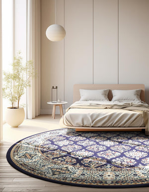 Navy Blue 5' 3 x 5' 3 Narenj Round Area Rug 85% Polypropylene & 15% Polyester Traditional Classic Carpet for Living, Dining, Bedrooms, Office for Sale at Rug Engine