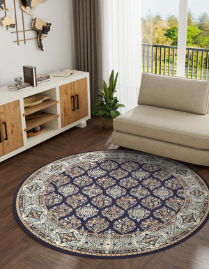 Navy Blue 5' 3 x 5' 3 Narenj Round Area Rug 85% Polypropylene & 15% Polyester Traditional Classic Carpet for Living, Dining, Bedrooms, Office for Sale at Rug Engine