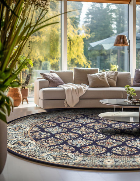 Navy Blue 5' 3 x 5' 3 Narenj Round Area Rug 85% Polypropylene & 15% Polyester Traditional Classic Carpet for Living, Dining, Bedrooms, Office for Sale at Rug Engine