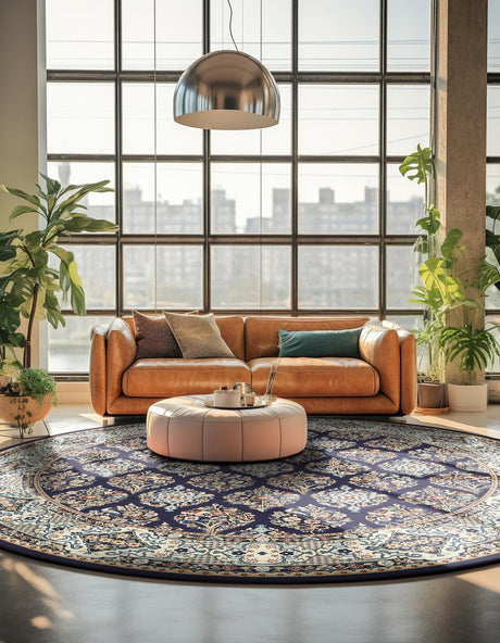 Navy Blue 5' 3 x 5' 3 Narenj Round Area Rug 85% Polypropylene & 15% Polyester Traditional Classic Carpet for Living, Dining, Bedrooms, Office for Sale at Rug Engine